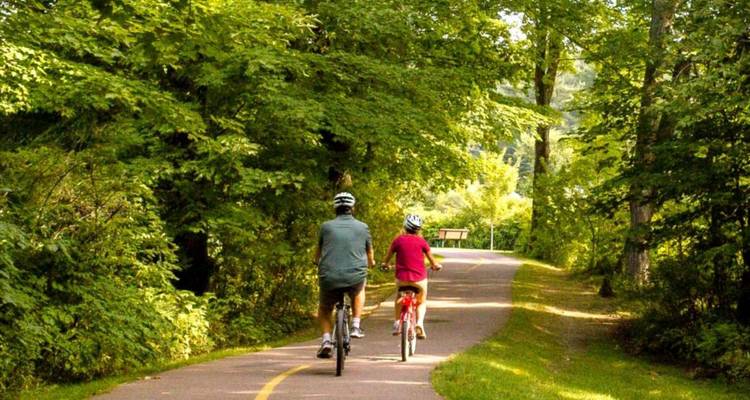 Volwassene en kind fietsen samen over een schaduwrijk bospad omzoomd met dicht groen gebladerte
