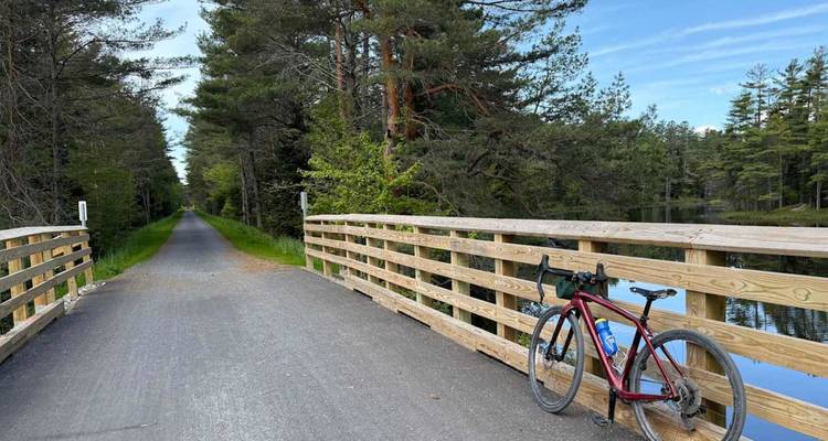 Un vélo de gravel vide est appuyé contre une rampe de pont en bois sur une voie verte forestière à côté d'une eau calme.