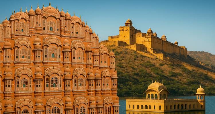 Zusammengesetzte Ansicht mit kunstvollen Fenstern des Hawa Mahal mit dem Amer Fort auf einem Hügel und einem See darunter.