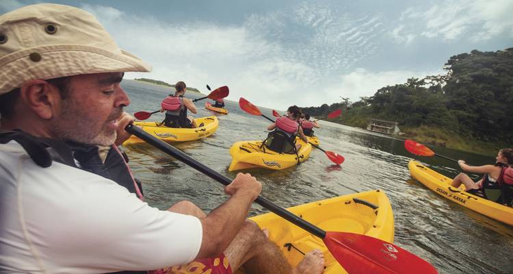 Adventurers paddling bright yellow kayaks across a tranquil lake surrounded by green hills.