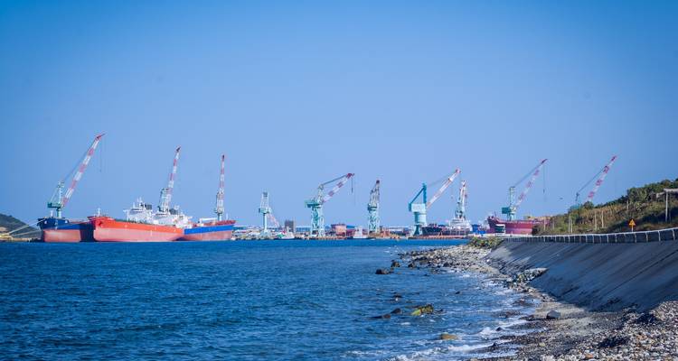 Scène portuaire industrielle côtière avec de grands navires de marchandises, des grues et un rivage rocailleux.
