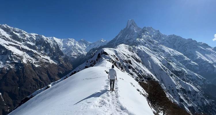 Trekker en solitario caminando por una cresta cubierta de nieve hacia el imponente Machhapuchhre bajo un cielo azul despejado.