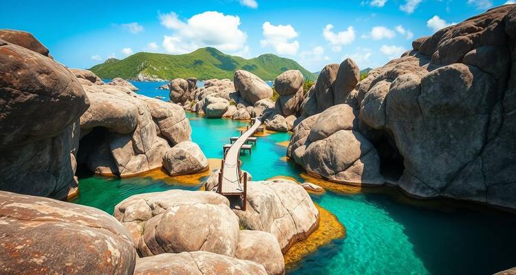 Un sendero de madera se entrelaza entre enormes rocas de granito hacia piscinas esmeralda con islas verdes más allá.