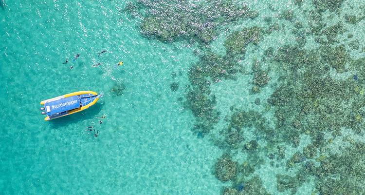 Vue aérienne d'un bateau de plongée en apnée et de nageurs au-dessus de récifs coralliens vibrants dans une eau océanique turquoise.