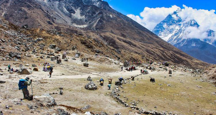 Valle del Himalaya lleno de rocas con trekistas esparcidos por un sendero polvoriento hacia picos brumosos.