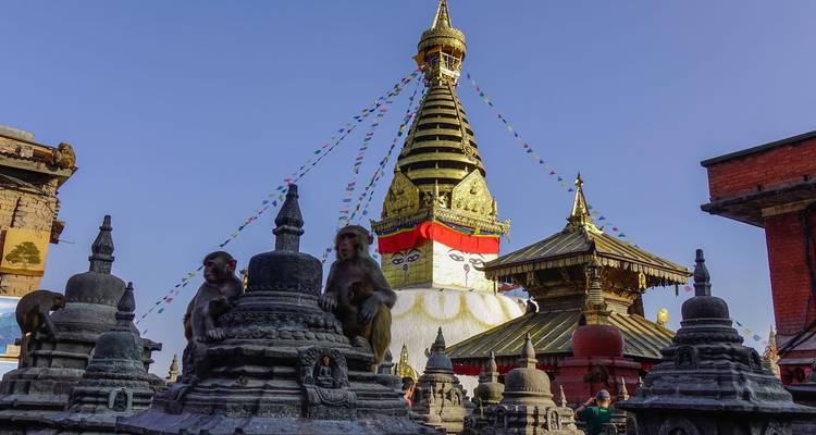 El estupa Swayambhunath se eleva sobre pequeños santuarios de piedra y monos traviesos bajo un cielo matutino despejado.