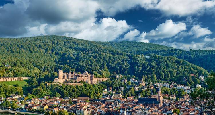 Panorama elevado de los tejados de Heidelberg con las ruinas del castillo y colinas boscosas ondulantes bajo nubes hinchadas.