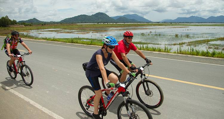 Trois cyclistes roulent sur une route de campagne pavée longeant des rizières inondées et des collines lointaines.