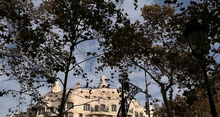 Les silhouettes ondulantes du toit de la Pedrera apparaissent entre les branches des arbres d'automne sous un ciel partiellement nuageux.