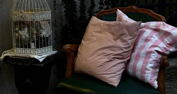 Coin douillet avec fauteuil vintage, coussins rayés et à carreaux ainsi qu'une cage à oiseaux décorative.