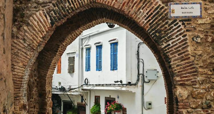 Arco de piedra que enmarca un edificio encalado con persianas azul intenso y flores en macetas en un estrecho callejón de la medina.