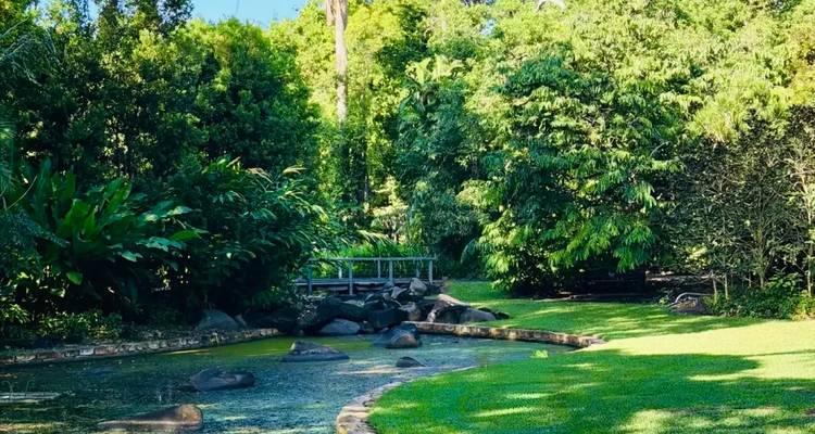 A manicured garden with curved stream, stone bridge, lush trees and bright green lawn under blue sky.