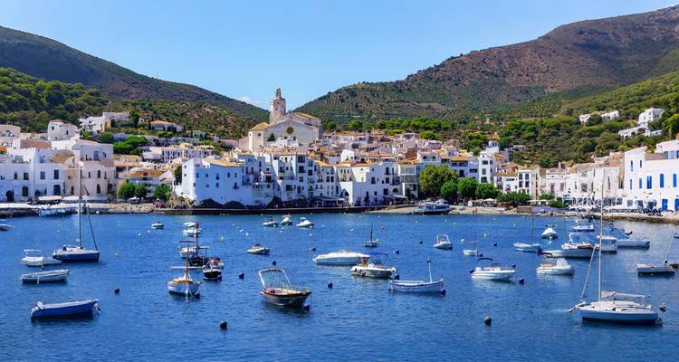 Panorama of Cadaqués harbour with numerous small boats and hills blanketed in greenery.