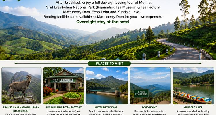 Reiseplan-Folie mit einer Liste von Sehenswürdigkeiten rund um Munnar mit mehreren Fotos und Text