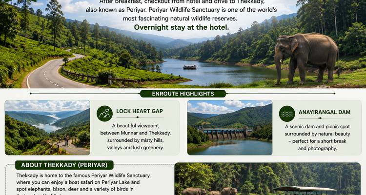 Itinerarium-Folie zeigt den Periyar-See, einen Elefanten und Höhepunkte von Thekkady mit Textüberlagerungen