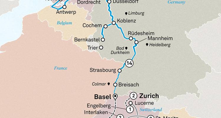 Detailed river and rail map of Germany and Switzerland including Basel and Zurich