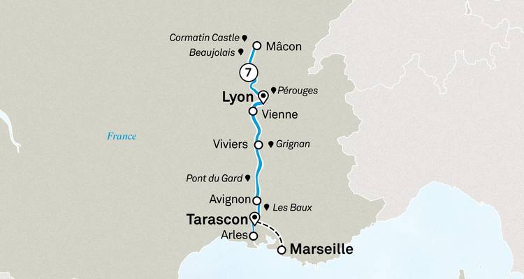 Routekaart met een cruiserondreis van Lyon naar Tarascon en Marseille in Zuid-Frankrijk.