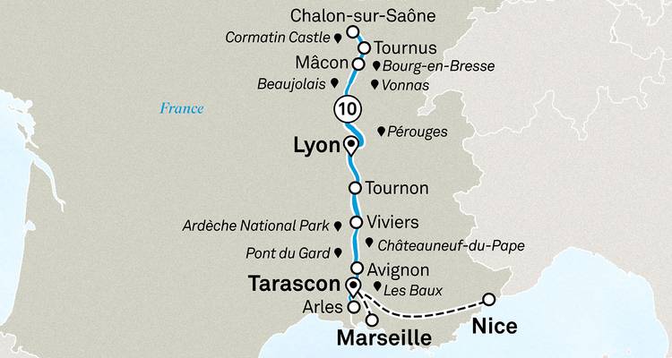 Mapa de ruta del tour del sur de Francia e itinerario del crucero por el río Ródano