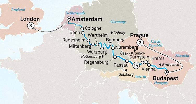Groot kaartje met alle details van een Europese rivier cruise route langs meerdere landen van Amsterdam naar Boedapest en Londen.
