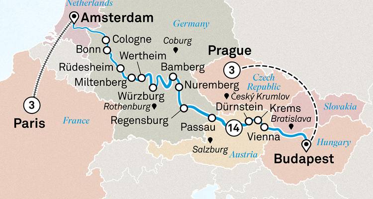 Route map highlighting a multi-country journey from Paris through Amsterdam to Budapest.