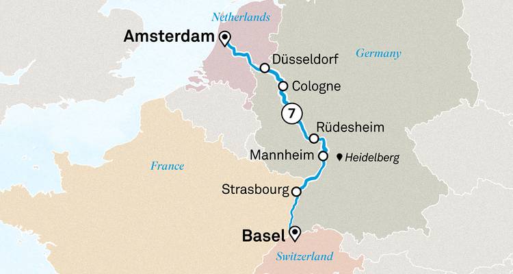 Illustrierte Rheinkarte einer Flusskreuzfahrt von Amsterdam nach Basel mit wichtigen Häfen und Route.