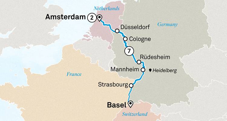 Illustrated map showing a river-cruise route from Basel to Amsterdam with city stops.