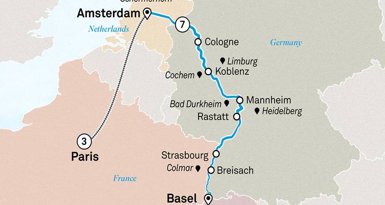 Carte montrant un itinéraire de croisière entre Paris et Bâle via Strasbourg et Amsterdam.