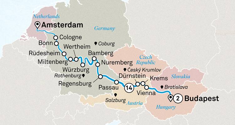 Farbcodierte Karte einer Kreuzfahrtroute von Amsterdam nach Budapest mit hervorgehobenen Hauptstädten.