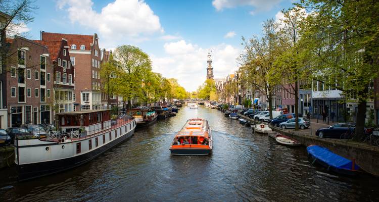 Orangefarbenes Kanalboot, das entlang Amsterdams baumgesäumter Kanäle neben historischen Giebelhäusern fährt