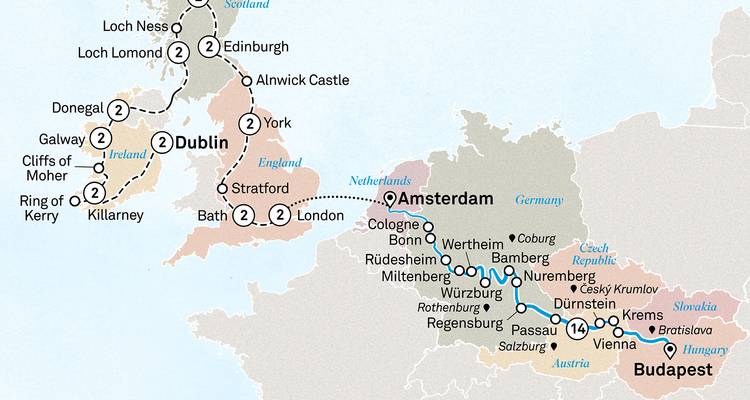 Mapa completo que combina rutas de cruceros y autobuses del Reino Unido, Irlanda y Europa Central.