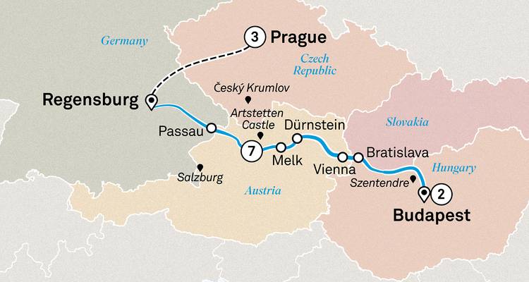 Tour map detailing travel route from Regensburg to Budapest with extension to Prague.