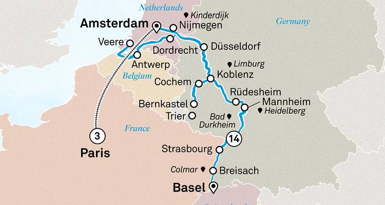 Routenkarte mit einer Kreuzfahrt zwischen Paris, Amsterdam und Basel.