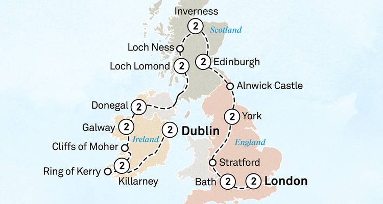 Map outlining a grand UK and Ireland tour loop including London, Dublin, Loch Ness and more.