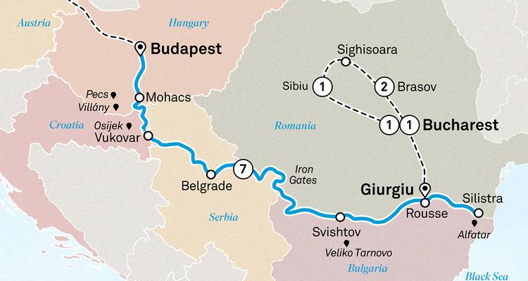 Carte illustrant une croisière sur le Danube de Budapest à Bucarest avec des arrêts dans les Balkans.
