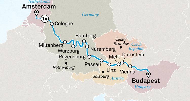 Mapa de crucero fluvial europeo desde Ámsterdam a Budapest destacando múltiples paradas en Alemania y Austria.