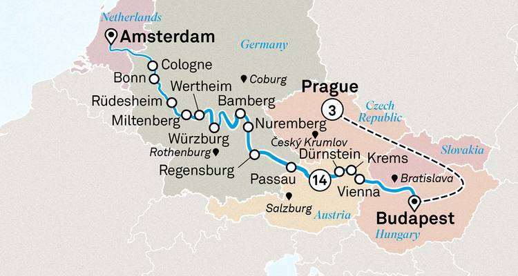 Itinerary map from Amsterdam to Budapest with extension to Prague across central Europe.