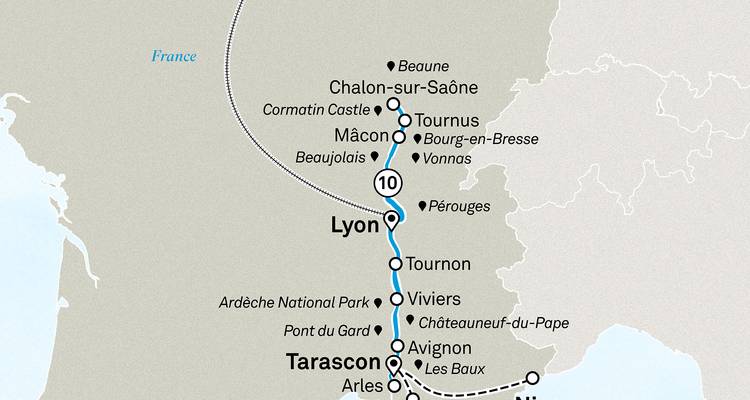 Gedetailleerde routekaart van een Rhône-cruise rond Lyon en Provence.