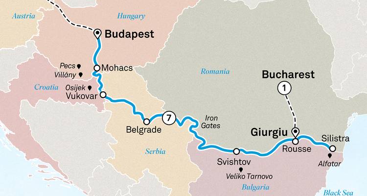Map of Lower Danube cruise from Budapest to Bucharest with Iron Gates segment