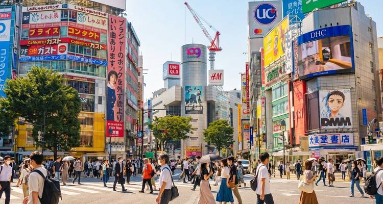 Busy urban crossing filled with pedestrians and colorful neon billboards around the Shibuya 109 building in a modern cityscape