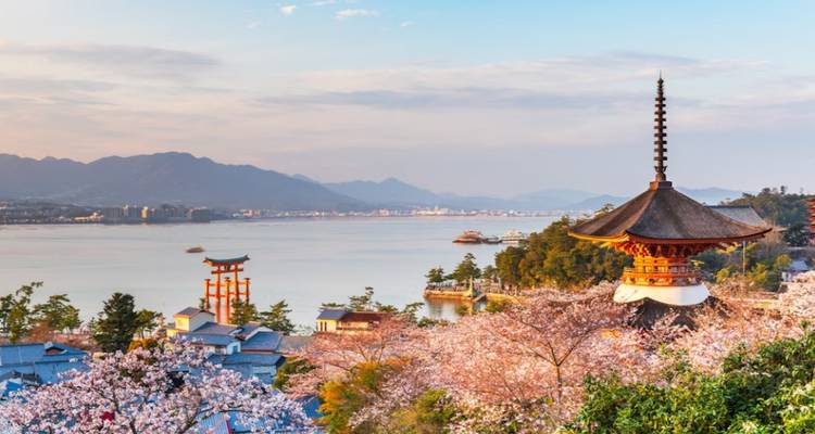 Cherry blossoms frame a coastal temple pagoda and floating torii gate with mountains across the bay at sunset