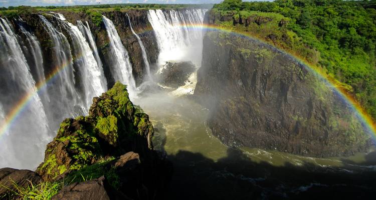 Powerful Victoria Falls plunging into a gorge with mist and a vivid rainbow arching over lush cliffs.