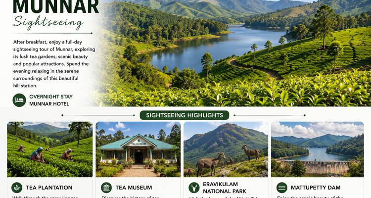 Tourgrafik mit Details zu Sehenswürdigkeiten rund um den Munnar-See, das Teemuseum und den Nationalpark.