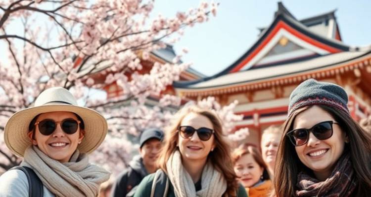 Friends in sunglasses smile beneath blooming cherry blossoms with a colorful shrine roof behind them.