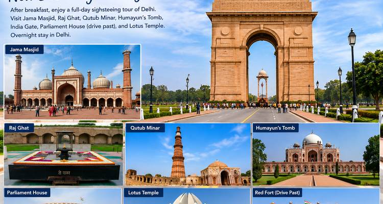 Collagediavortrag der Sehenswürdigkeiten Delhis wie das Qutub Minar und das Grabmal Humayuns mit beschreibenden Überlagerungen.