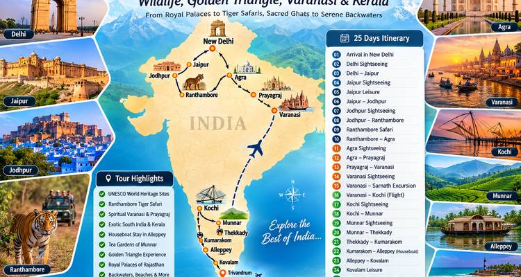 Farbenfrohe Kartengrafik, die eine Tourenroute durch Indien mit Symbolen und Stadtnamen darstellt.