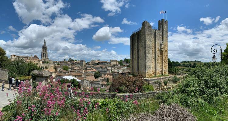 Medieval stone tower overlooks a picturesque French village framed by pink flowers and patchy clouds