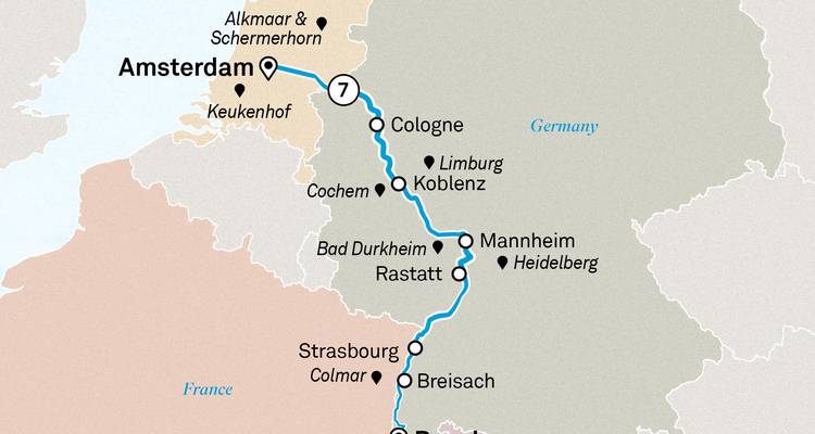 Map showing cruise itinerary from Amsterdam through Cologne, Mannheim to Strasbourg.