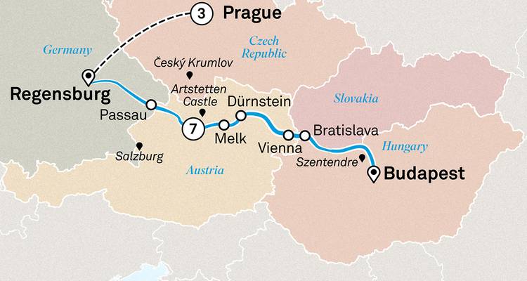 Route map from Regensburg through Vienna to Budapest and Prague.