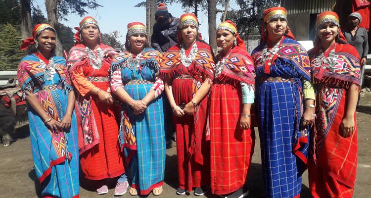 Seven women in bright regional costumes standing side by side outdoors.