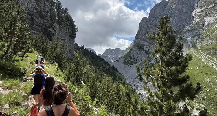 Los excursionistas siguen un sendero forestal que ofrece vistas de un profundo valle alpino y peñascos distantes.
